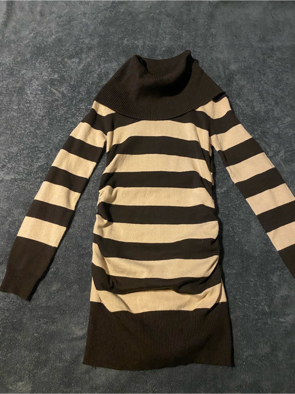 Derek Heart Black and Cream Striped Long-Sleeve Cowl Neck Dress